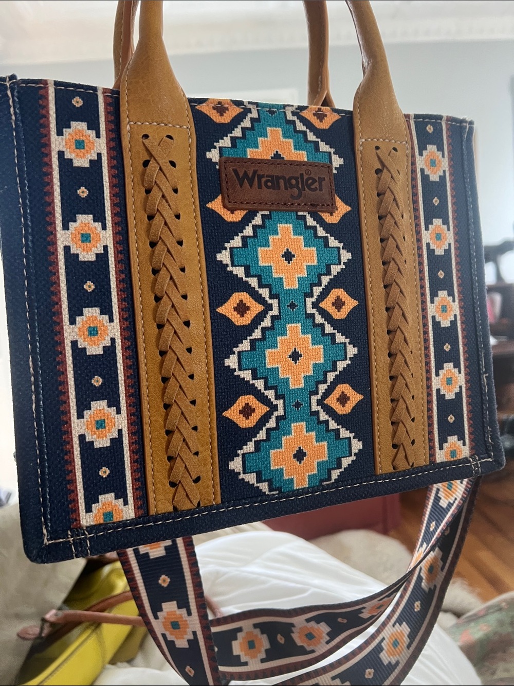 Wrangler Southwestern Aztec Print Canvas Crossbody Tote Bag Navy Mustard Boho